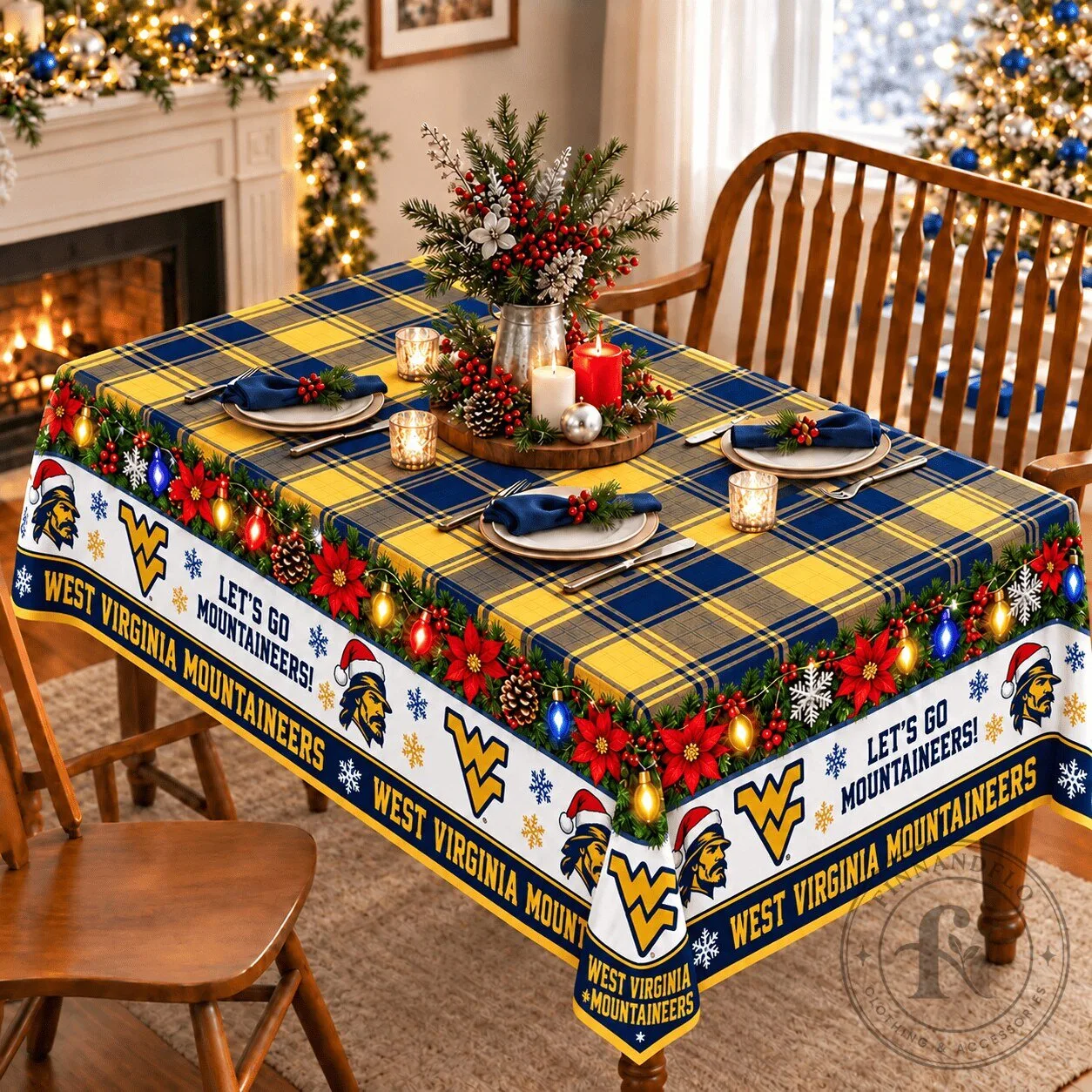 West Virginia Mountaineers Christmas Plaid Holiday Tablecloth