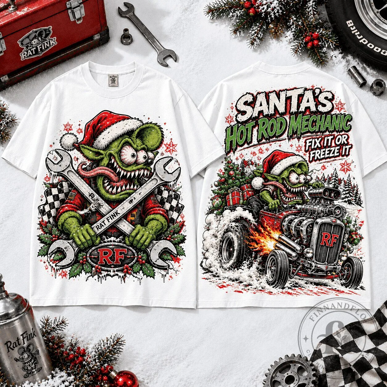 Rat Fink Santa Hot Rod Mechanic Christmas Holiday T-Shirt 3 Rat Fink Santa Hot Rod Mechanic Christmas Holiday T-Shirt